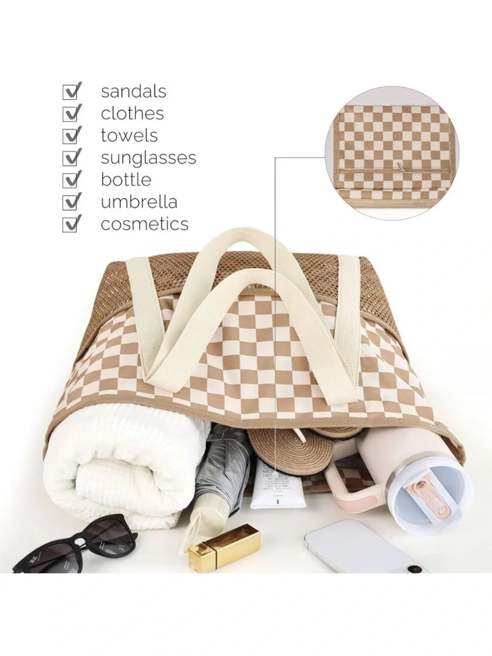 Beige & Cream Checkered Beach Waterproof Tote Bag with Mesh Pocket Zipper NWOT